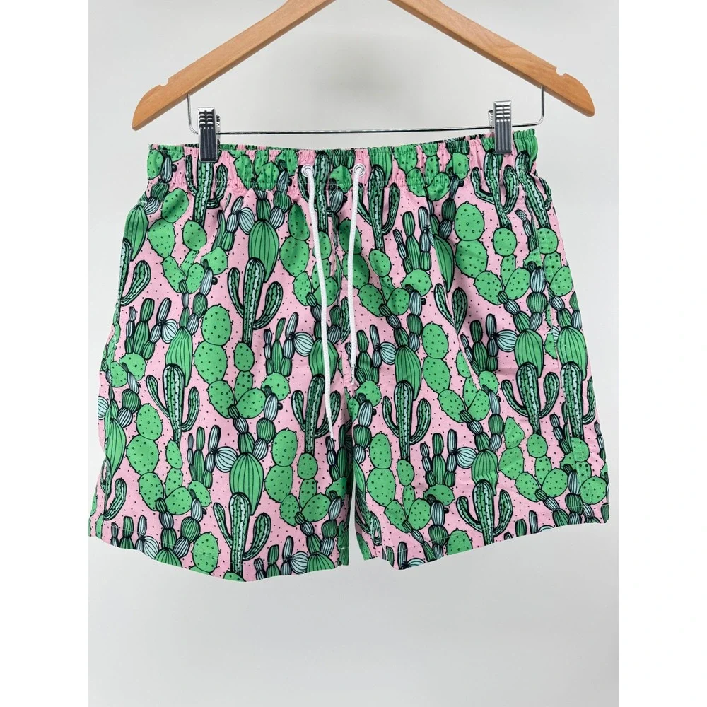 Boardies Swim Trunks Mens M Pink Green Cactus Print Lined Swim Shorts